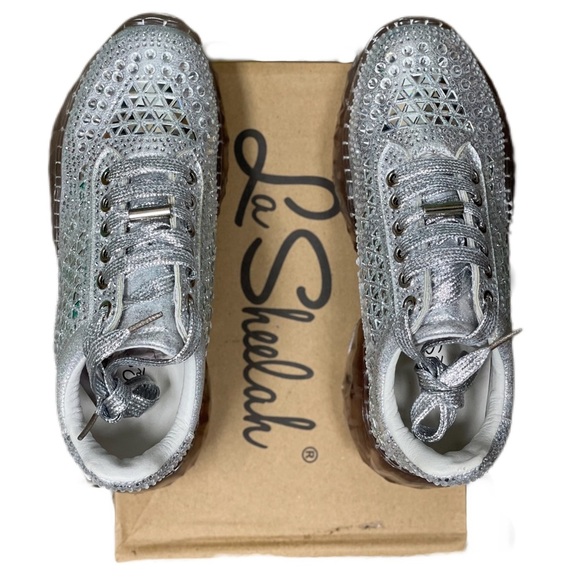 Lace Up Rhinestone Silver Chunky Platform Sneakers NWB! - Picture 3 of 16